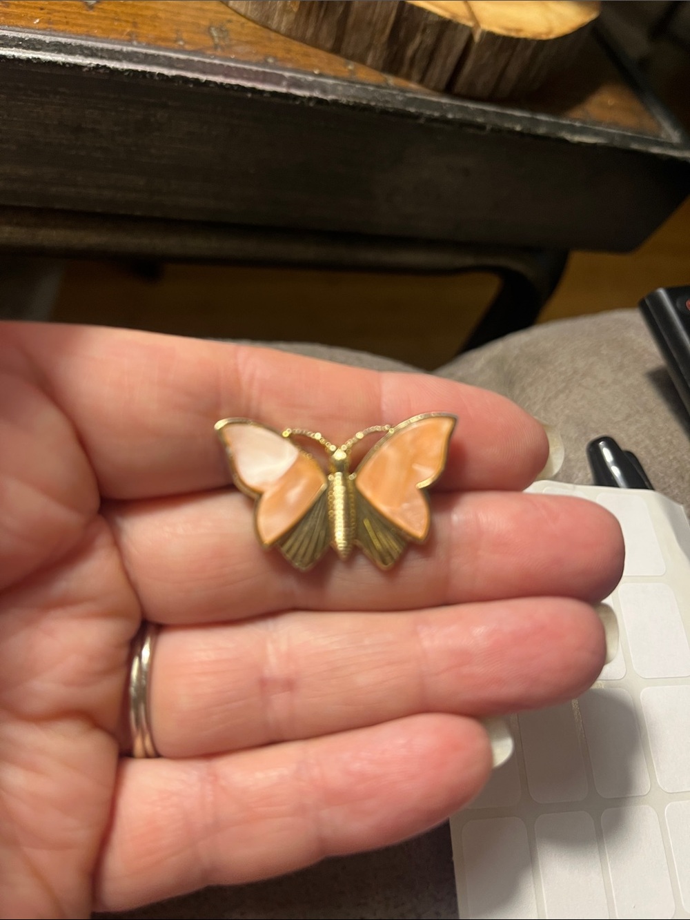 Gold Butterfly Brooch with Peach Enamel Wings 1929